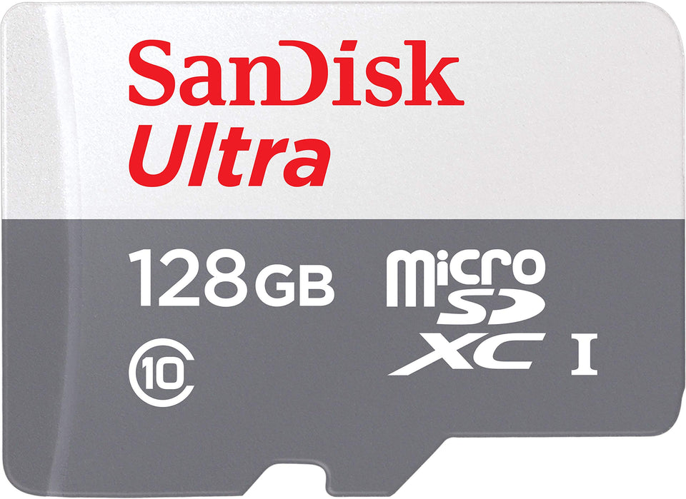 SanDisk microSD front packaging showing 128GB capacity and Made for Amazon compatibility benefits