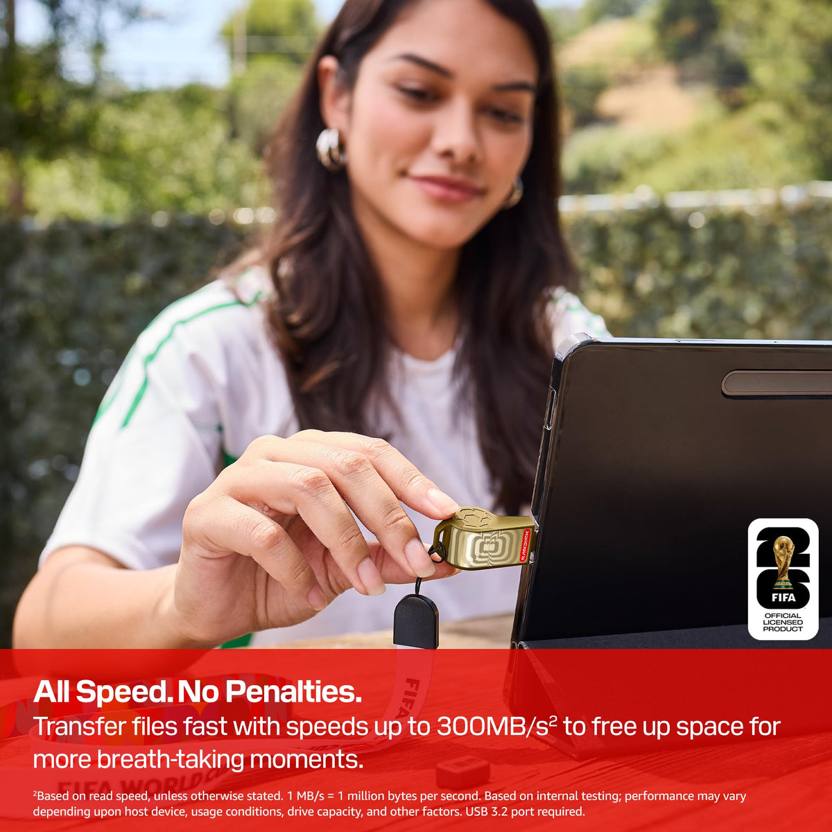 Sandisk next to phone and laptop demonstrating cross-device compatibility and convenience