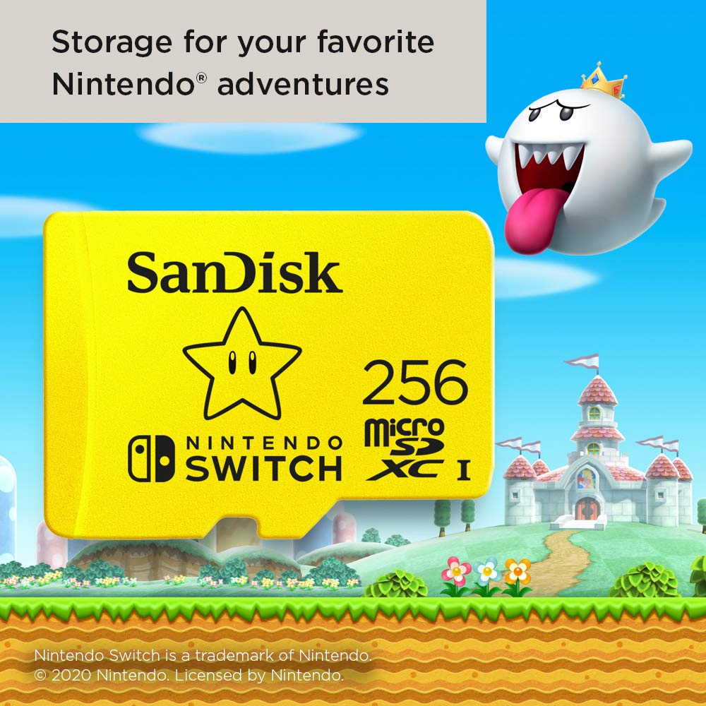 Screenshots and video capture icons tied to Nintendo Switch usage with SanDisk card.