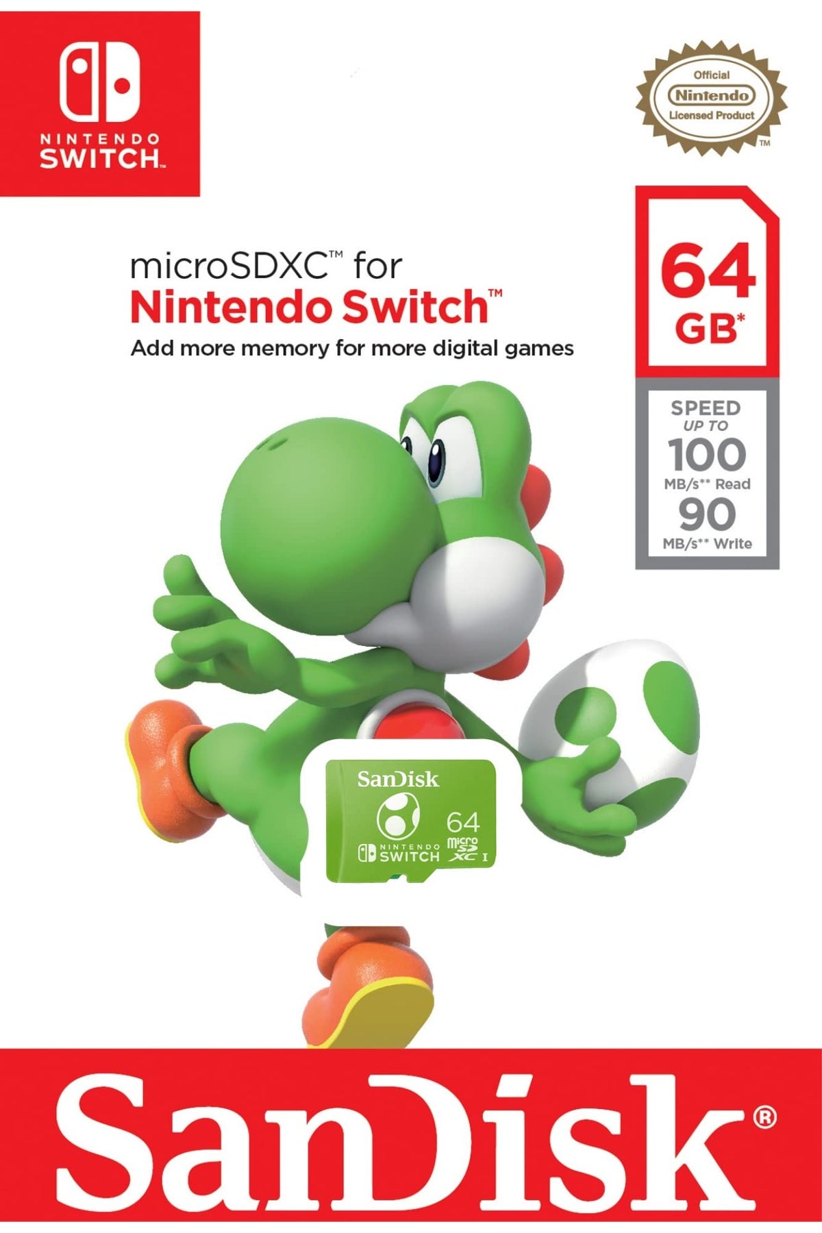 SanDisk Yoshi card beside a Switch in a gaming setup showing convenience