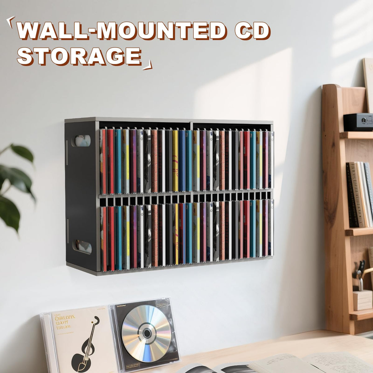 SANFURNEY CD rack on a desk holding mixed music and software discs for quick selection