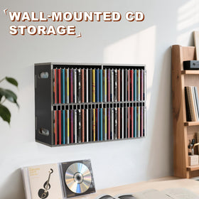 SANFURNEY CD rack on a desk holding mixed music and software discs for quick selection
