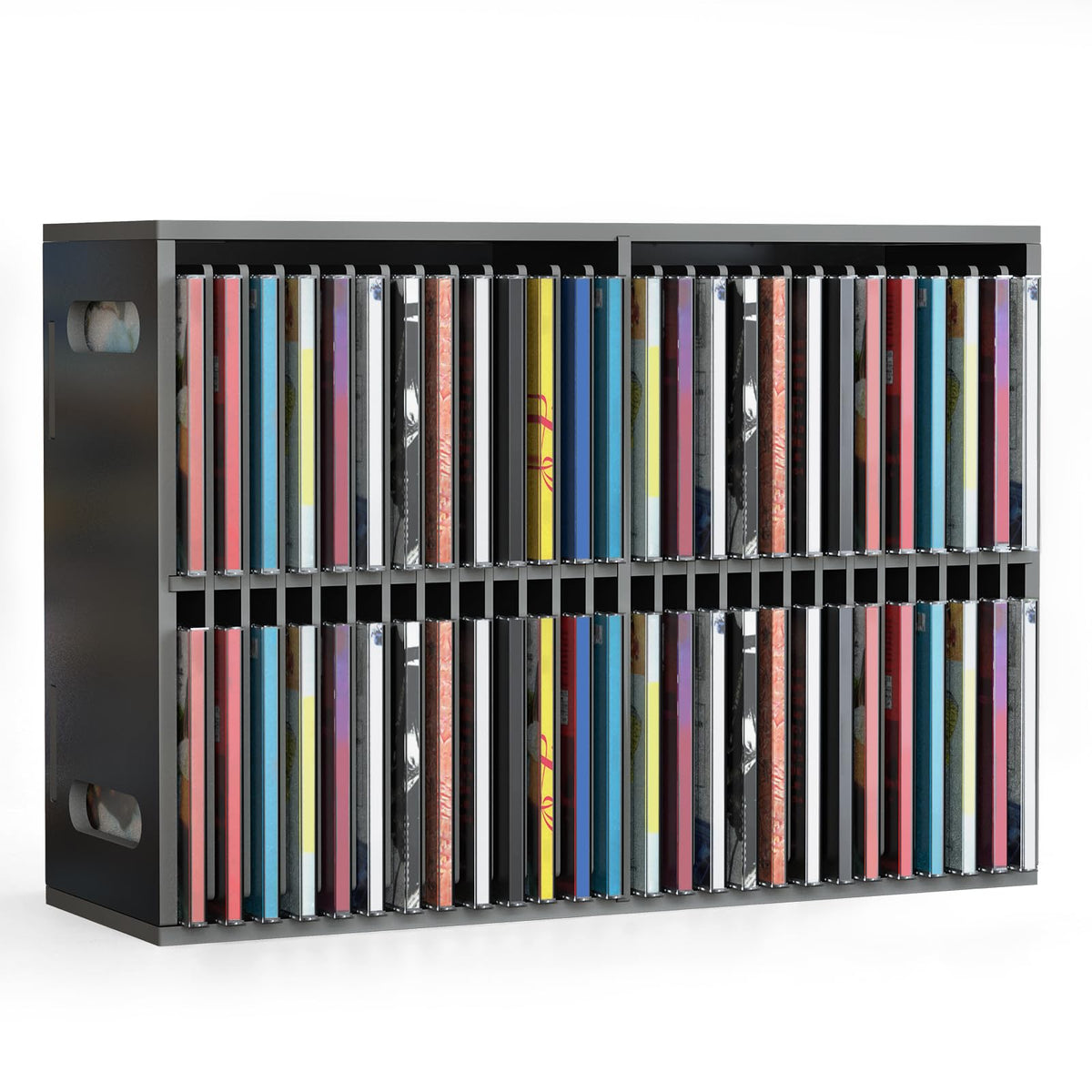 SANFURNEY front view of black 52-slot CD holder showing neat row of cases and tidy storage