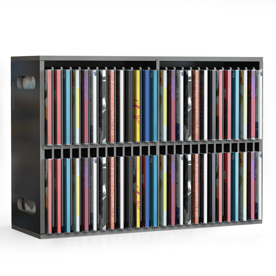 SANFURNEY front view of black 52-slot CD holder showing neat row of cases and tidy storage