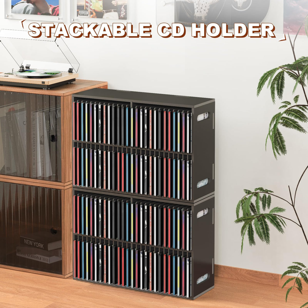 SANFURNEY CD rack next to a single CD case illustrating compact footprint and scale