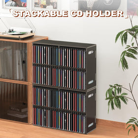 SANFURNEY CD rack next to a single CD case illustrating compact footprint and scale