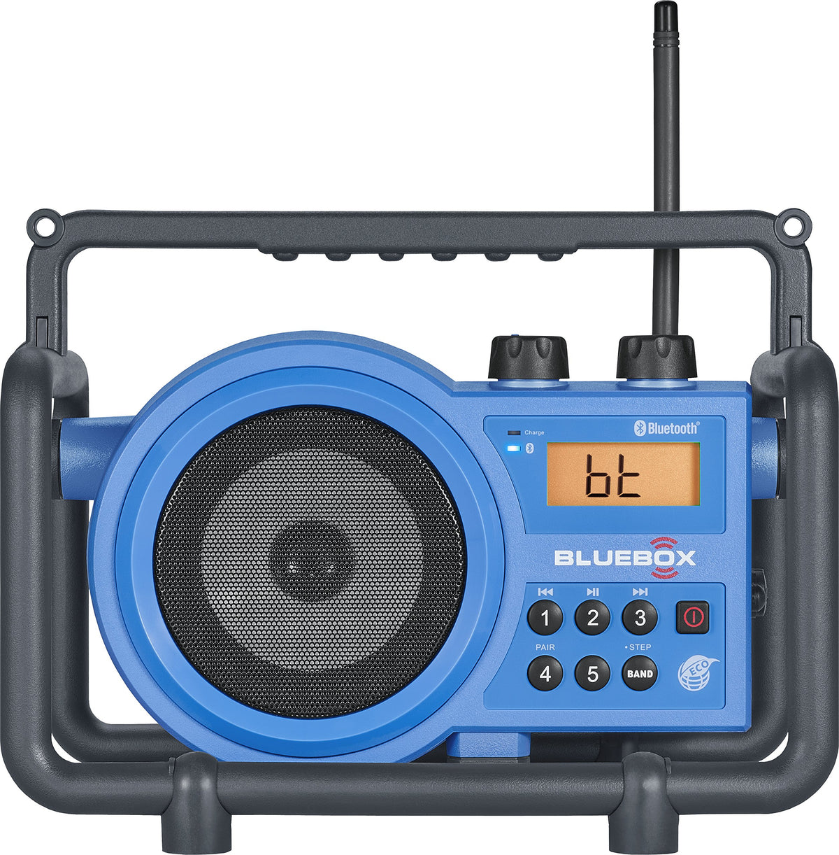 Sangean BB-100 BlueBox front view shows rugged outdoor durability.