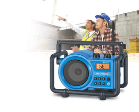 Sangean BB-100 BlueBox side view emphasizing protective roll cage for harsh job sites.