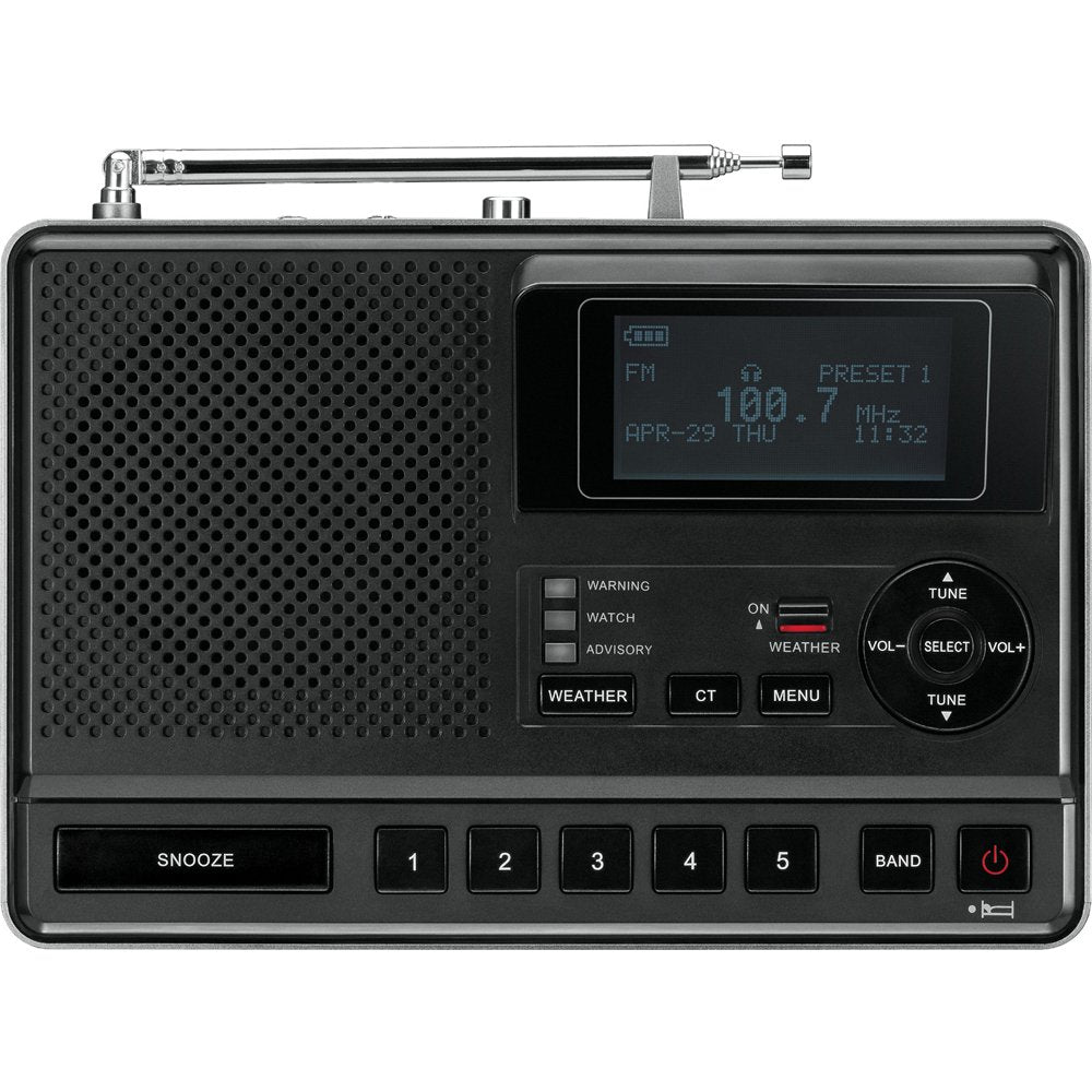 Sangean CL-100 close-up of LCD scrolling S.A.M.E. text, quick alert clarity benefit