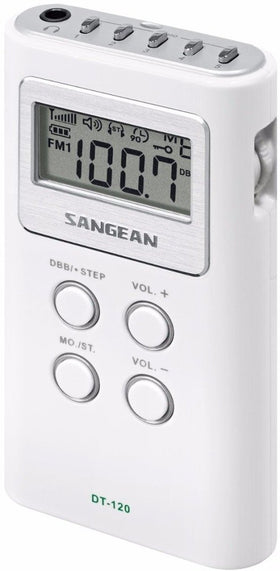 Sangean DT-120 pocket radio front view for on-the-go listening.