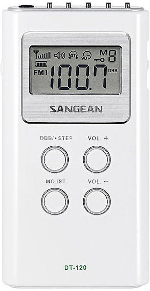 Sangean DT-120 side view with controls and included earbuds.