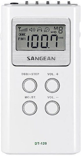 Sangean DT-120 side view with controls and included earbuds.