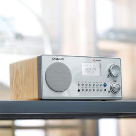 Sangean HDR-18 control panel close-up highlighting easy presets and clock/alarm features.