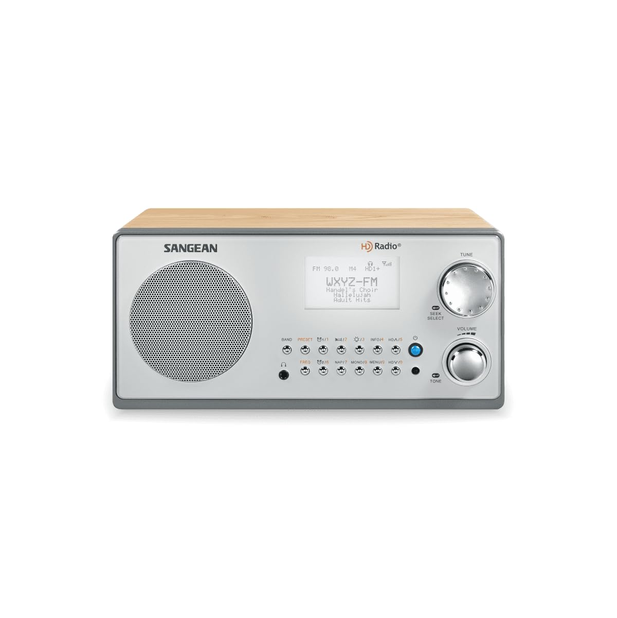 Sangean HDR-18 front view in a wood cabinet, showcasing classic HD radio design.