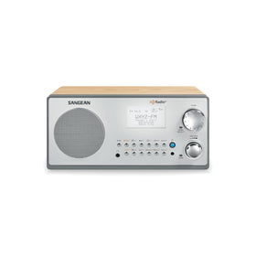 Sangean HDR-18 front view in a wood cabinet, showcasing classic HD radio design.