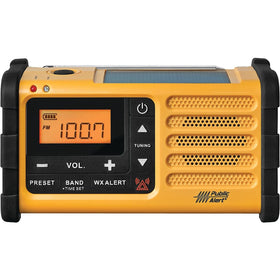 Sangean MMR-88 emergency radio front view with NOAA alerts.