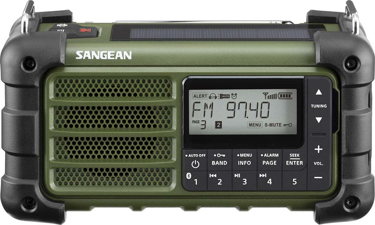 Sangean MMR-99 emergency radio in a compact handheld design for on-the-go updates.