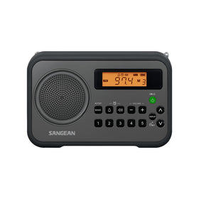 Sangean PR-D18BK front view showing compact, rugged portable radio ideal for outdoor use.
