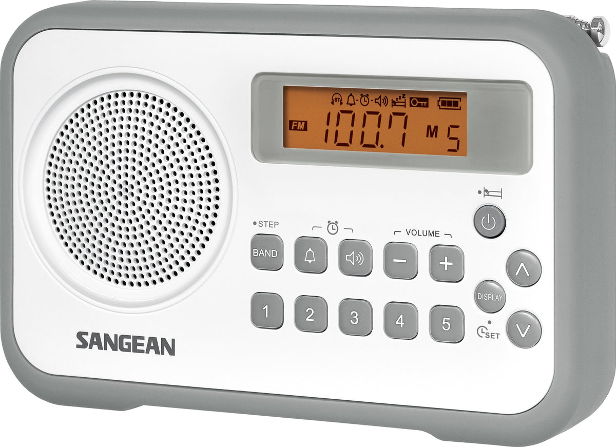 Sangean PR-D18GR portable radio with protective bumper in white and gray, ideal for outdoor use.