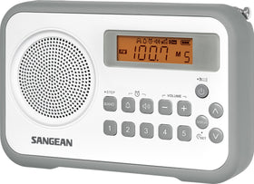 Sangean PR-D18GR portable radio with protective bumper in white and gray, ideal for outdoor use.