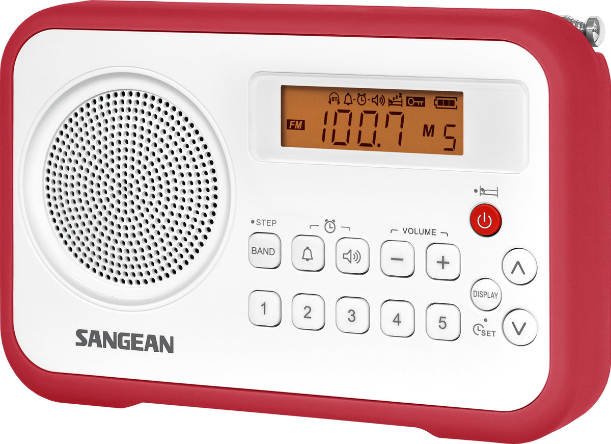 Sangean PR-D18RD front view radio with backlit display for easy nighttime tuning