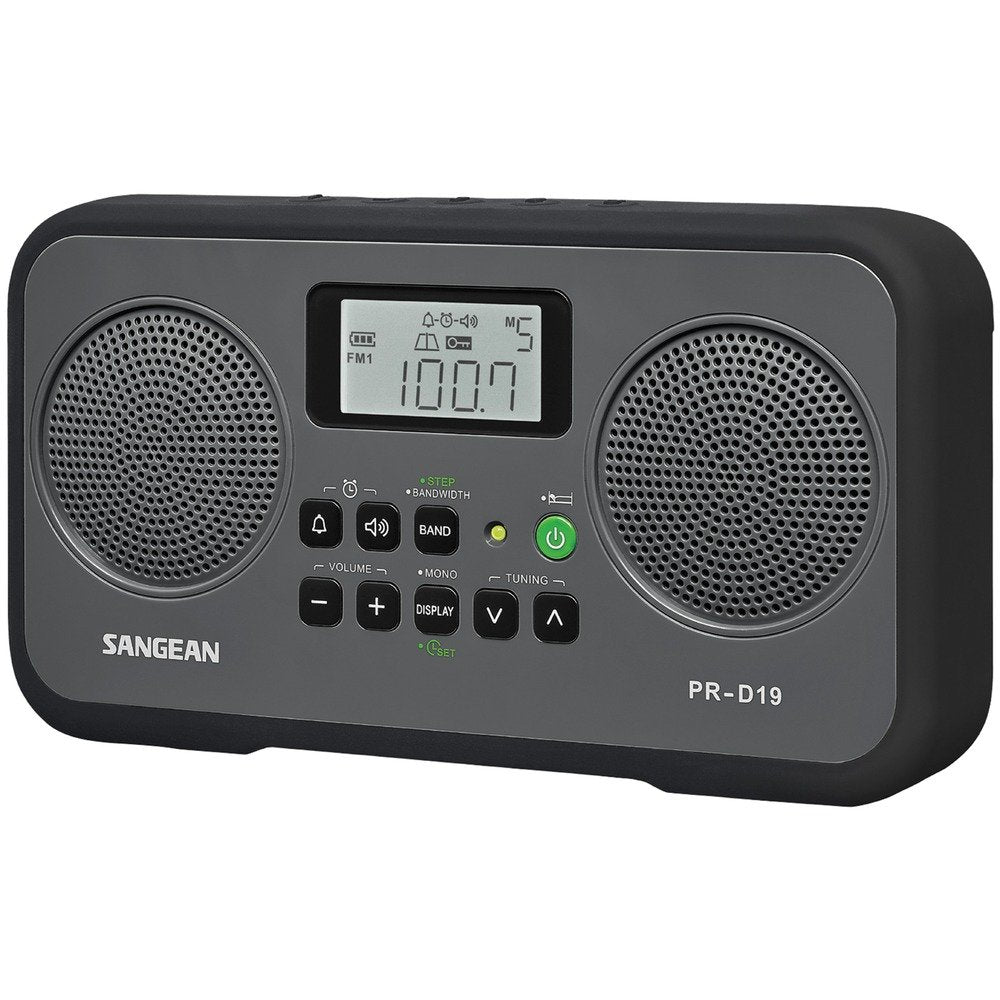 Sangean PR-D19BK front view highlighting compact portability and digital tuning versatility.