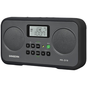 Sangean PR-D19BK front view highlighting compact portability and digital tuning versatility.