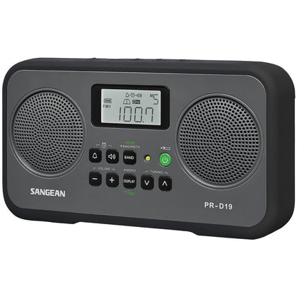 Sangean PR-D19BK front view highlighting compact portability and digital tuning versatility.