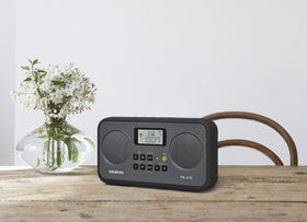 Sangean PR-D19BK side controls show easy access to alarms, sleep timer, and presets.