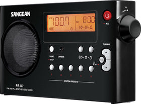 Sangean PR-D7 AM/FM radio sleep timer display highlighting its compact design for travel