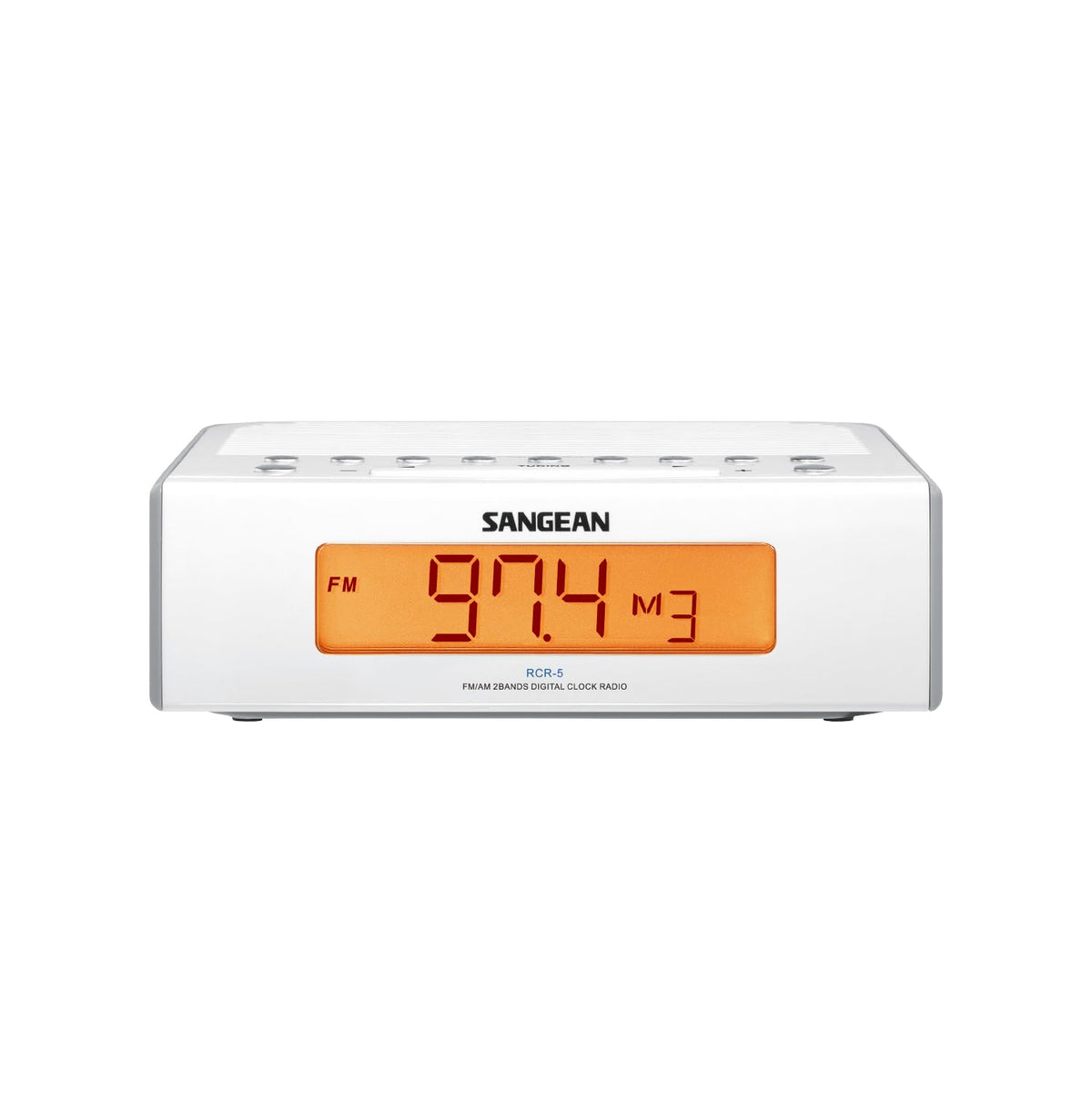 Sangean RCR-5 front view with digital clock and warm backlit display for easy viewing