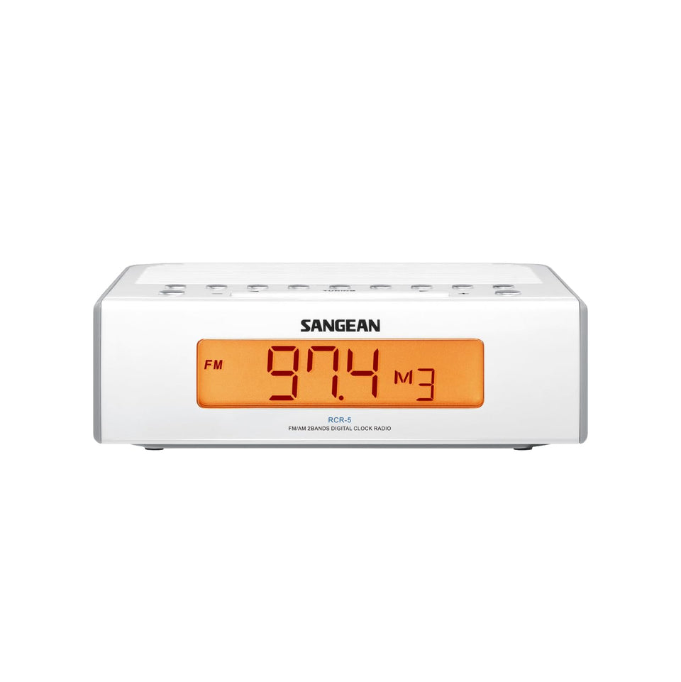 Sangean RCR-5 front view with digital clock and warm backlit display for easy viewing