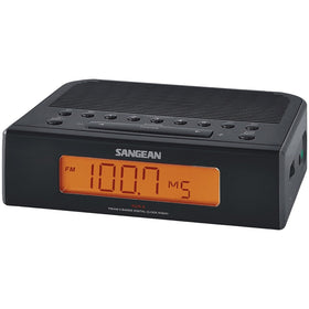Sangean RCR-5BK display close-up highlighting soft warm LCD for sleep-friendly lighting.