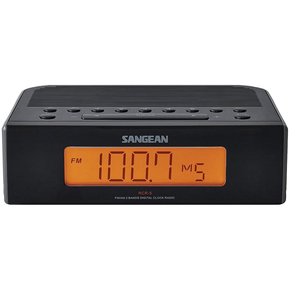 Sangean RCR-5BK front view showing compact bedside clock radio for easy wake-up routine.