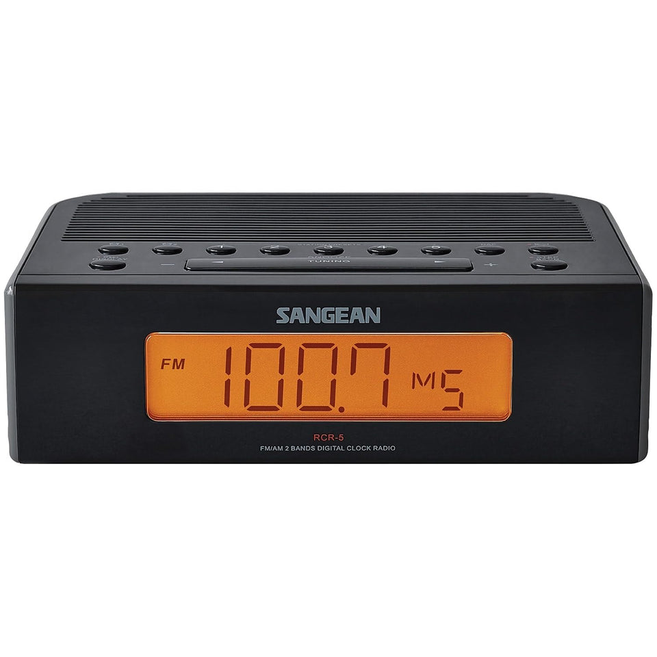 Sangean RCR-5BK front view showing compact bedside clock radio for easy wake-up routine.