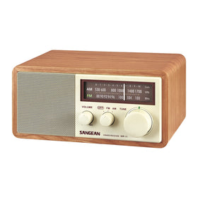 Sangean WR-11 wood cabinet front view showing classic design and compact footprint