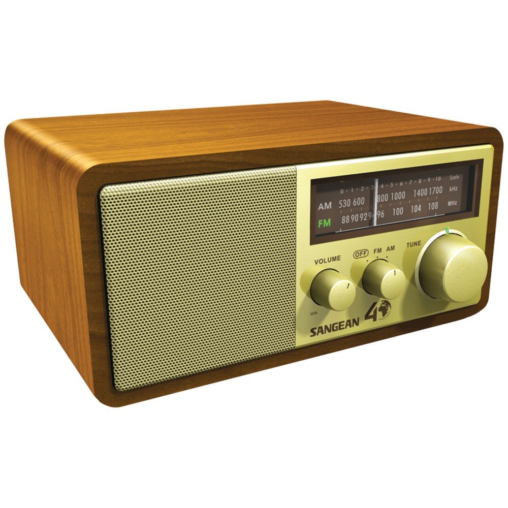 Sangean WR-11SE wooden cabinet enhances a vintage-inspired tabletop setup.
