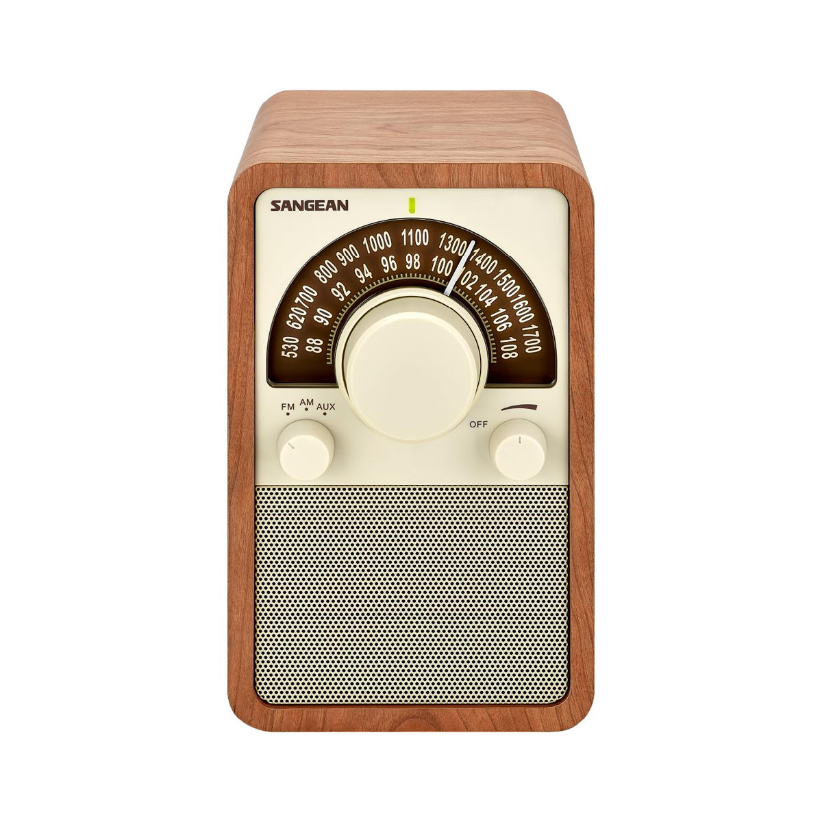 Sangean WR-15WL wooden radio front view with walnut finish, compact and stylish.
