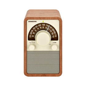 Sangean WR-15WL wooden radio front view with walnut finish, compact and stylish.