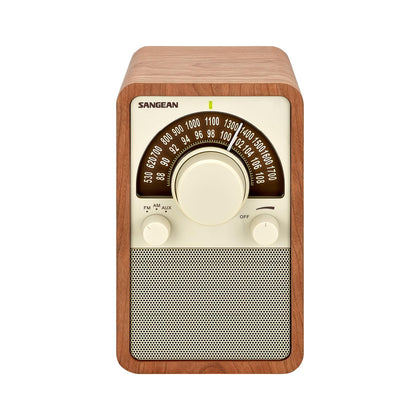 Sangean WR-15WL wooden radio front view with walnut finish, compact and stylish.