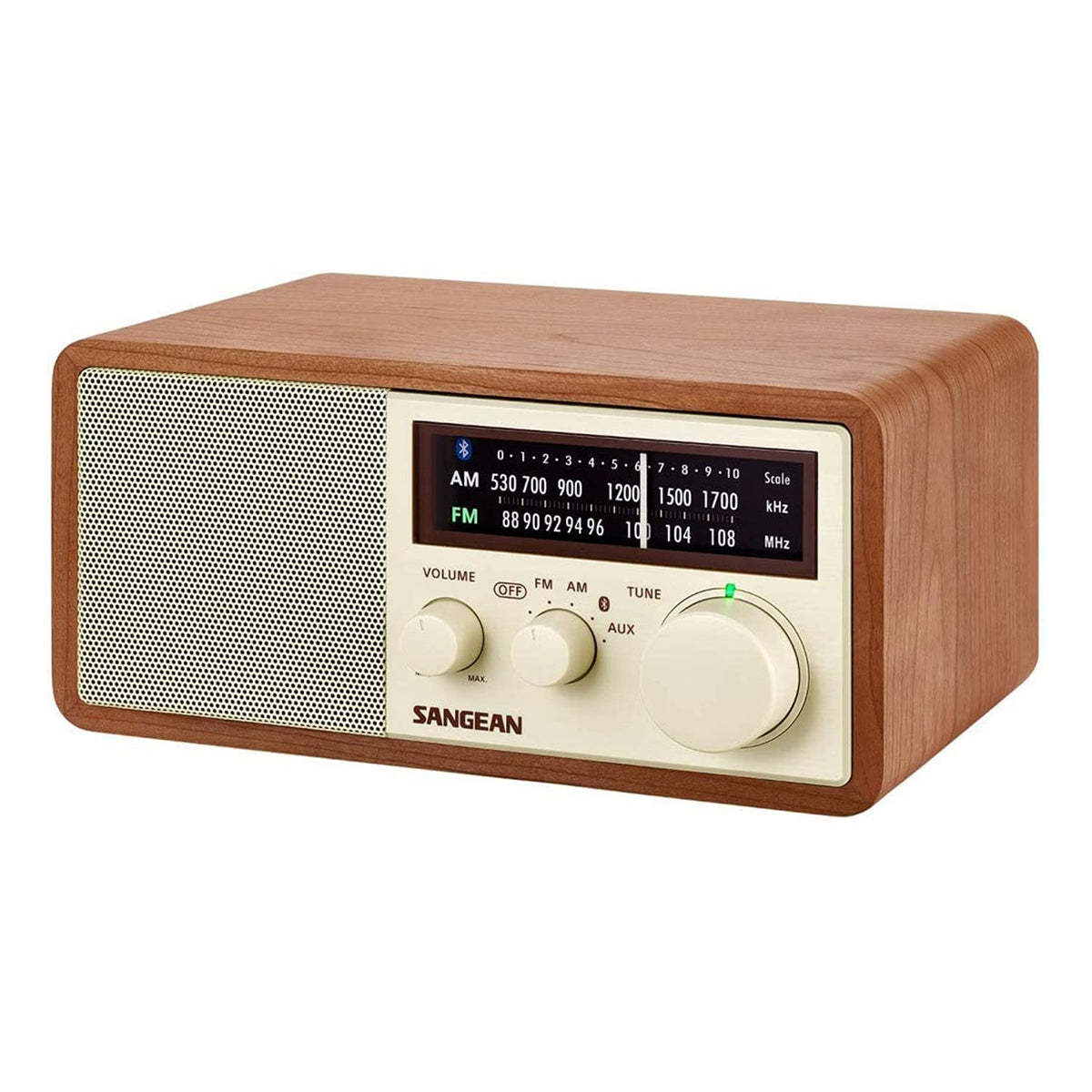 Sangean WR-16 front view in a warm wooden cabinet, ready for living room listening.