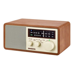 Sangean WR-16 front view in a warm wooden cabinet, ready for living room listening.