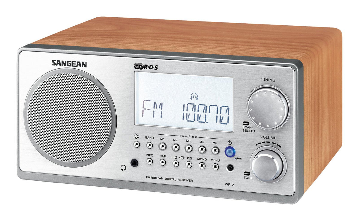 Sangean WR-2 front-firing 3-inch speaker delivers clear audio.