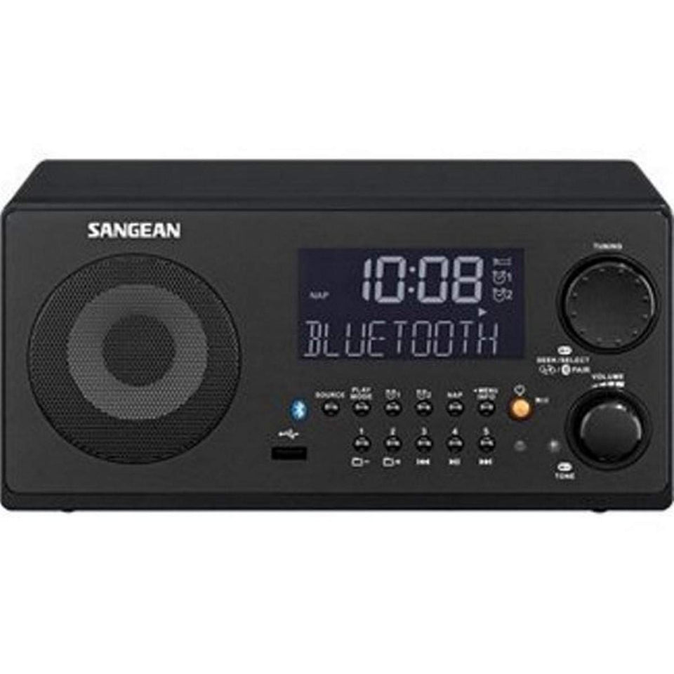 Sangean WR-22BK digital radio front view with 7W speaker for rich, room-filling sound.