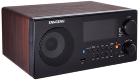 Sangean WR-22WL walnut front view with compact table-top design and controls.