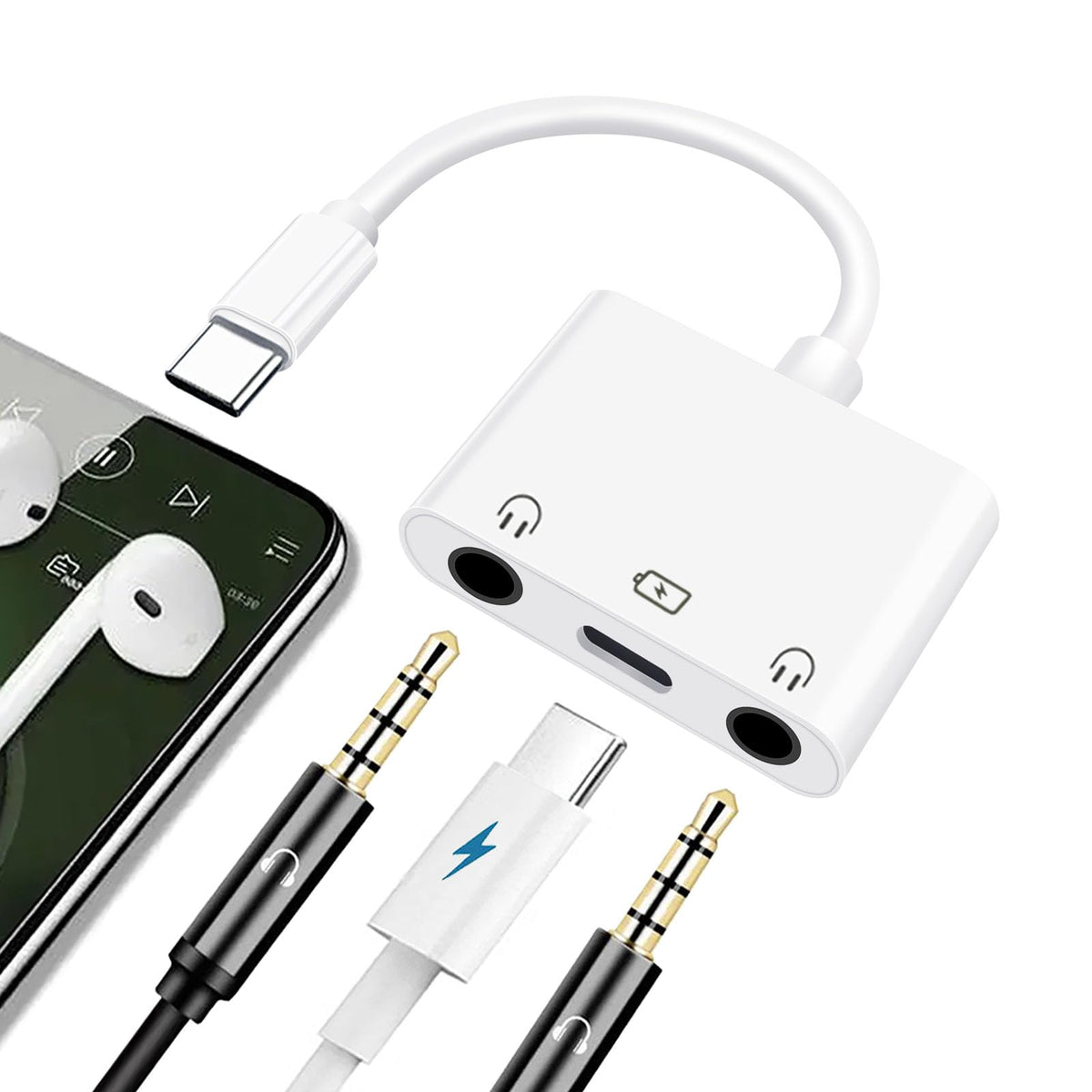 Sanjyut adapter front view showing dual 3.5mm jacks and USB‑C port for shared listening benefit