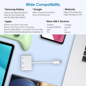 Sanjyut adapter in a travel bag beside phone and charger showing on‑the‑go convenience