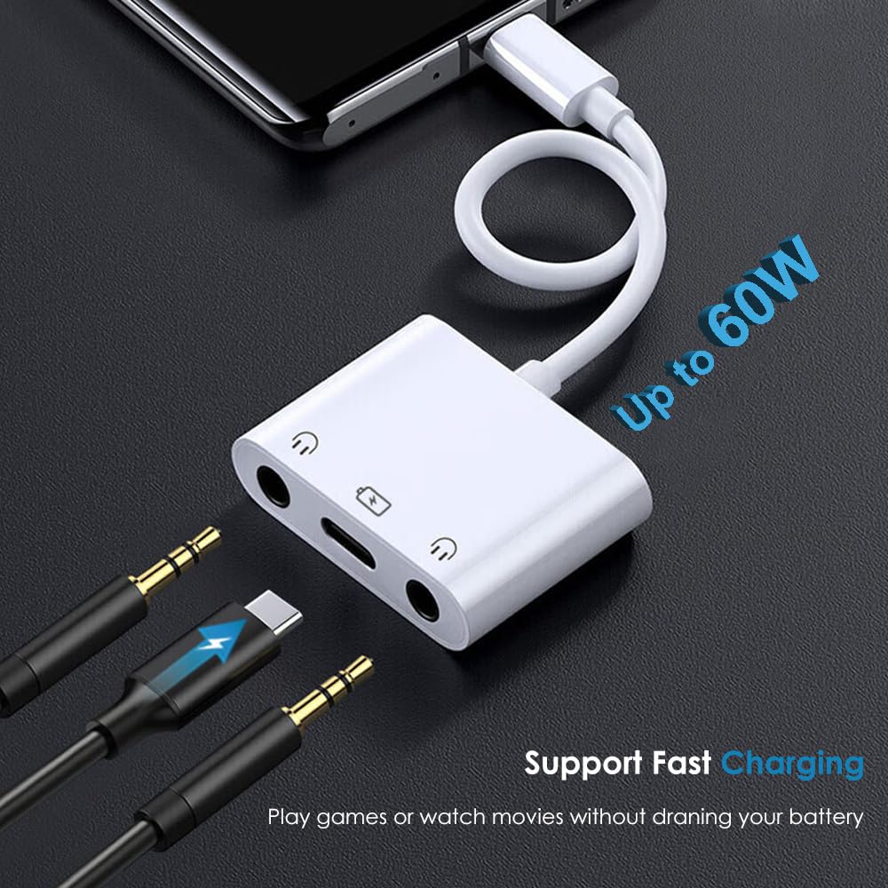 Side profile of Sanjyut adapter ports showing charging and two headphone jacks for convenience