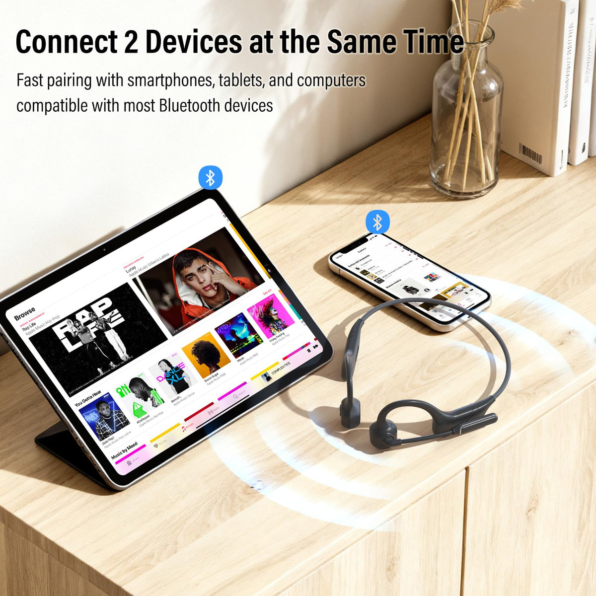 SANOTO open-ear design keeps you aware of surroundings while listening on the go.