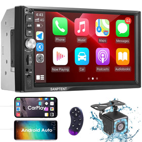 SANPTENT Apple CarPlay and Android Auto connection on the 7-inch display.